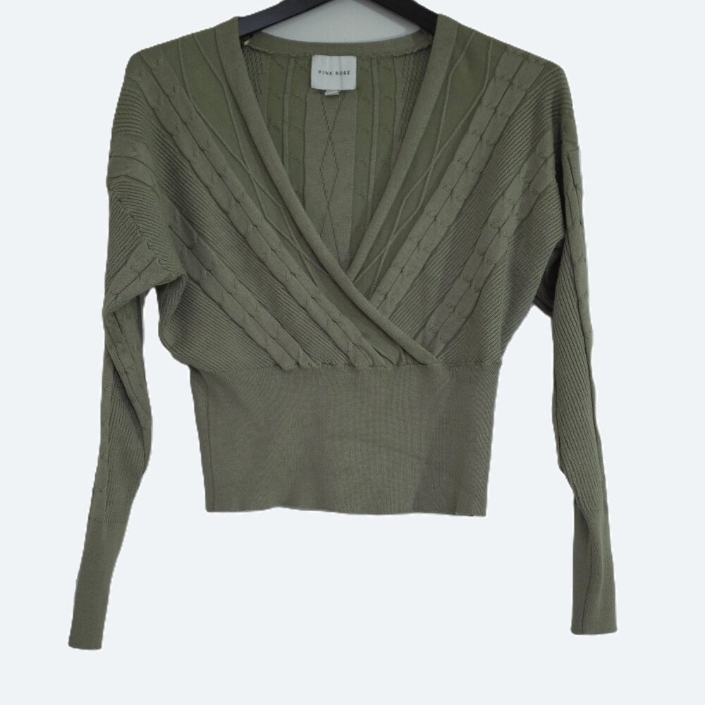 COPY - Pink rose willow green cable knit wrap sweater size M